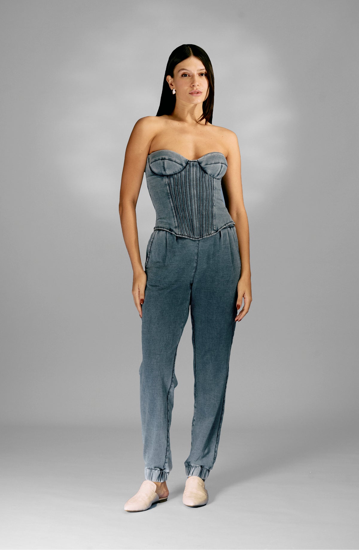 Corset Denim Alongado Com Nervuras